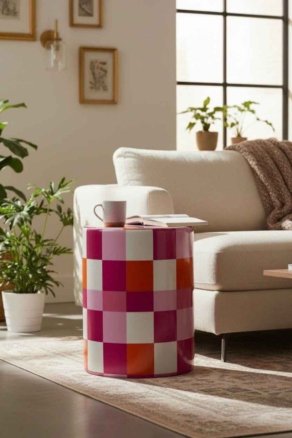 Pembe Kareli Silindir Ahşap Sehpa